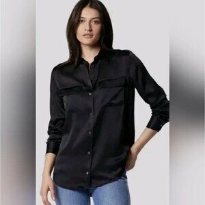 EQUIPMENT Signature Satin Button Down Shirt Sz L Button Up Top Solid Black Shiny